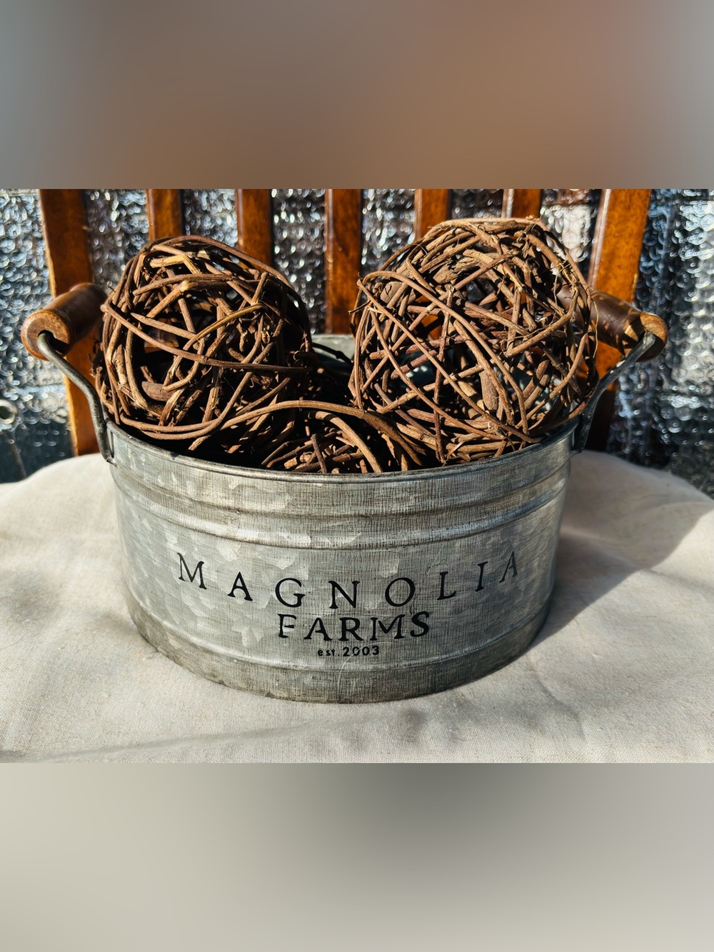 Magnolia Galvanized Metal Tub with Brown Vine Spheres